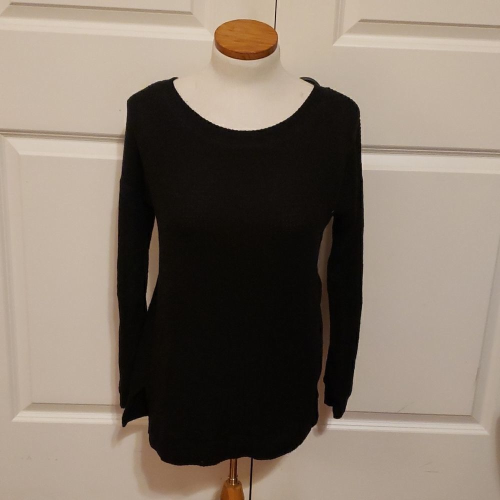 1.State Womens‎ Black Lattice Weave Back Waffle Knit Casual Top Size Small